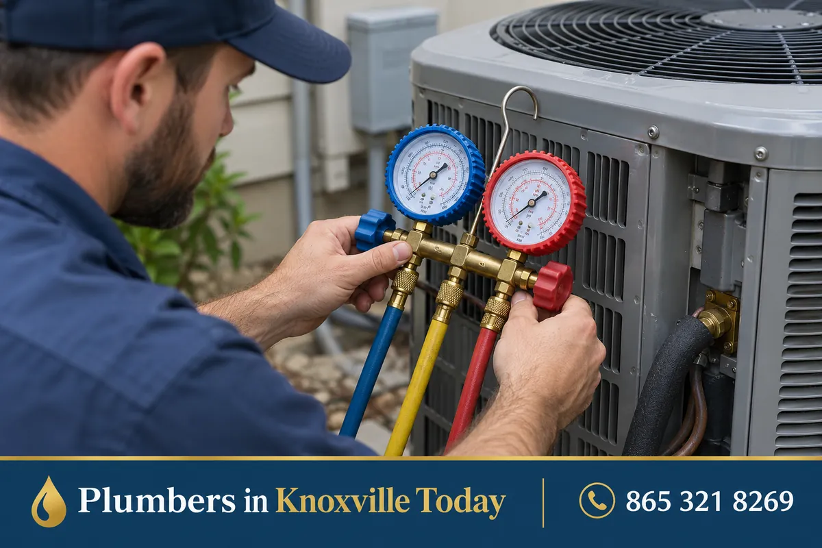 HVAC technician checking refrigerant gauges on an outdoor AC unit