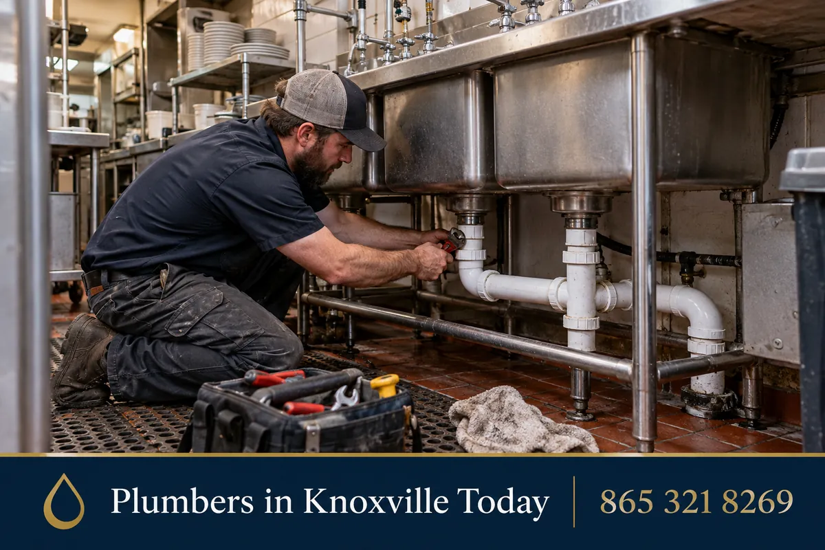 Plumber working on commercial kitchen plumbing in a Knoxville restaurant