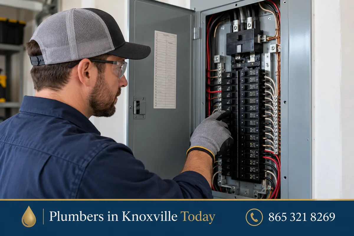 Electrician working on an open residential breaker panel