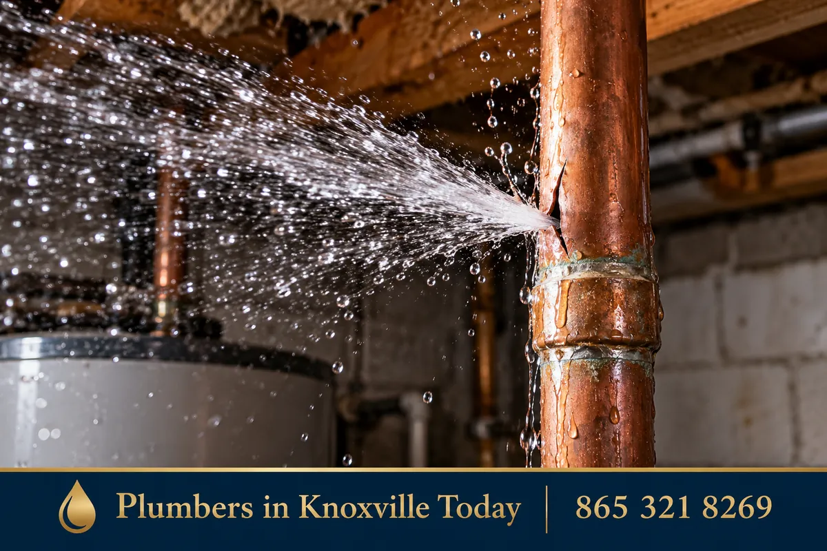 Water spraying from a burst pipe in a basement