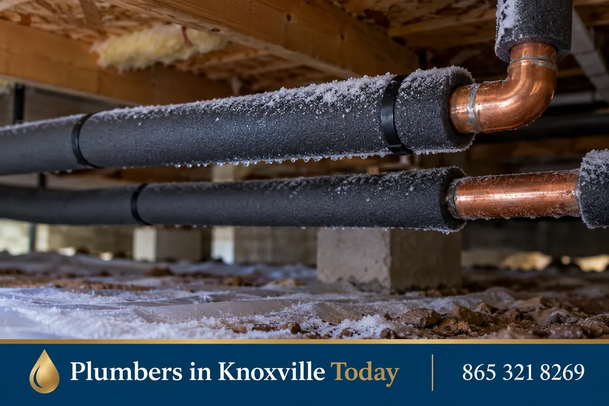 Foam insulation sleeves fitted around copper pipes in a crawlspace