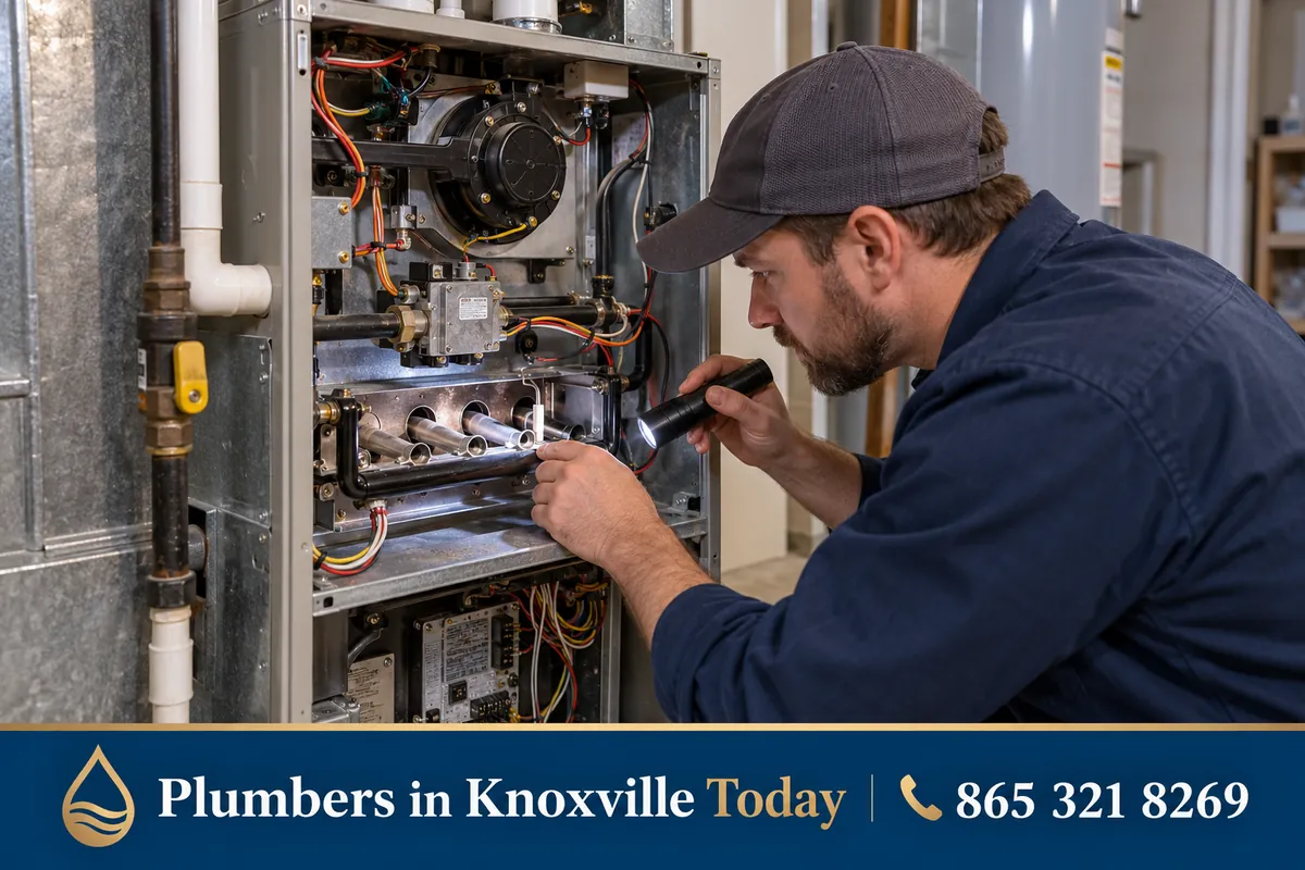 Technician inspecting the burners of an open gas furnace