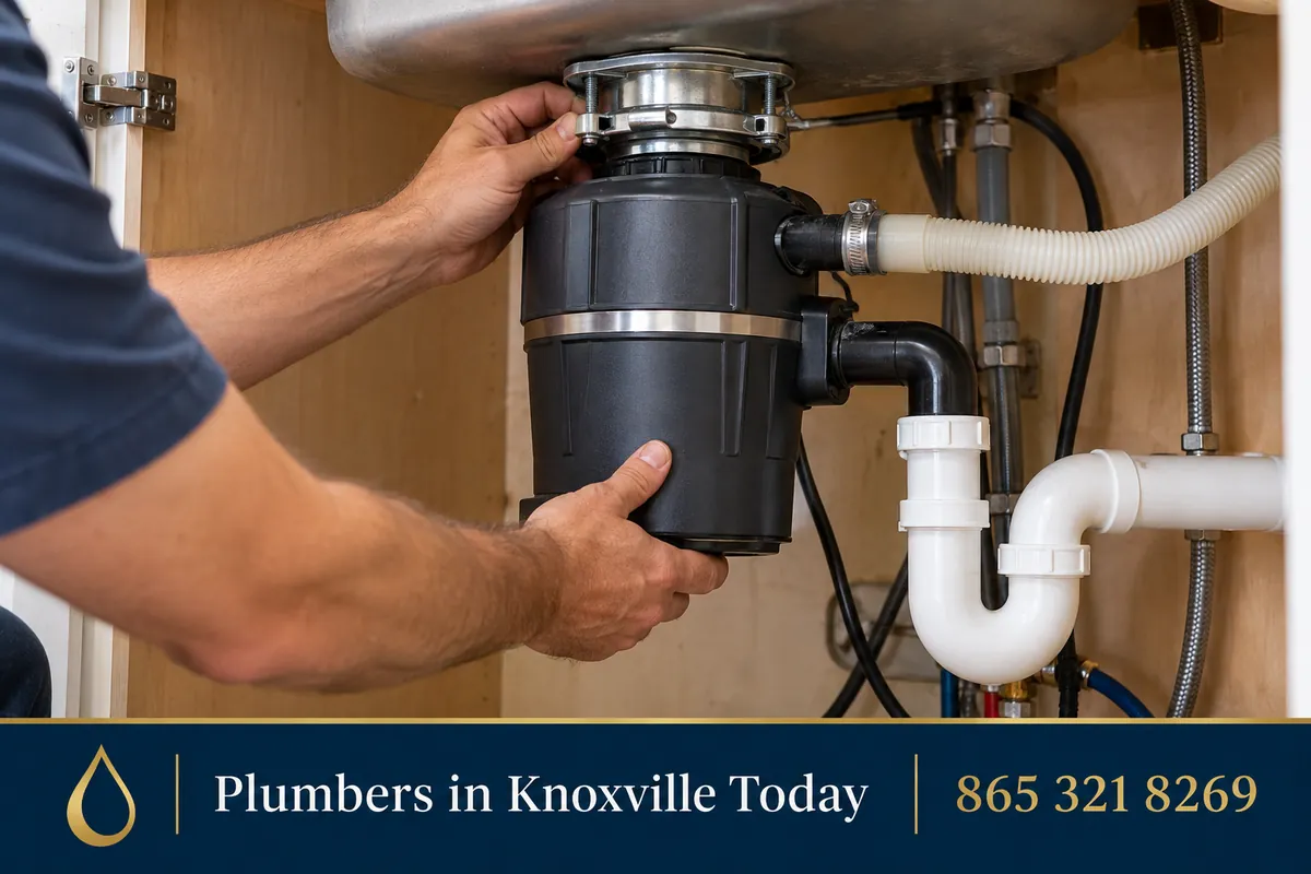 Plumber installing a garbage disposal under a kitchen sink