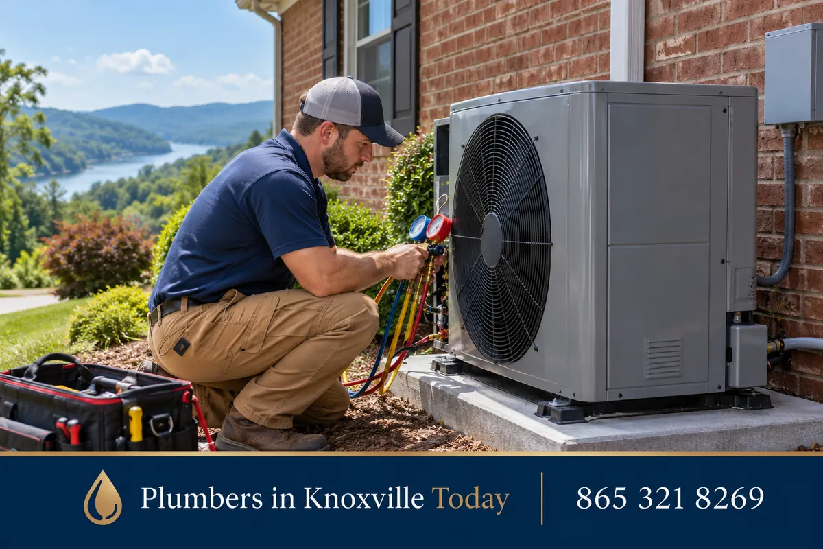 HVAC technician servicing an outdoor heat pump unit beside a house