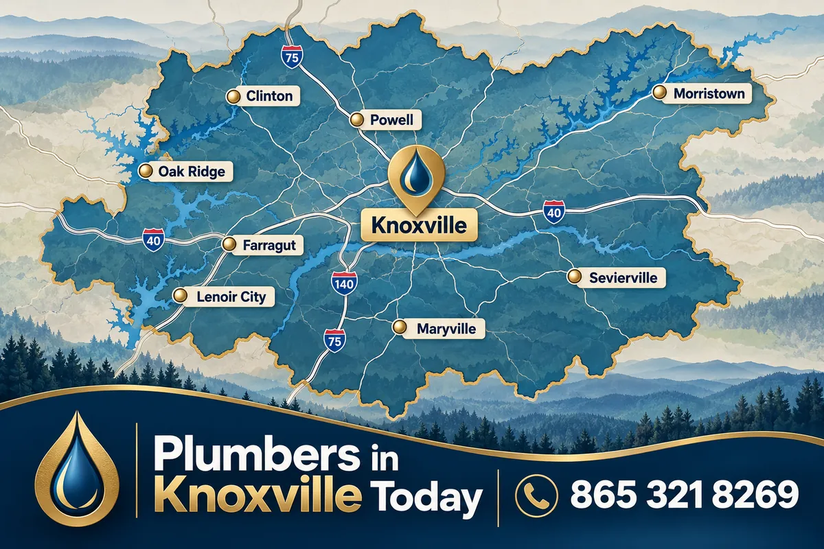 Map of the East Tennessee areas Plumbers in Knoxville Today takes calls from