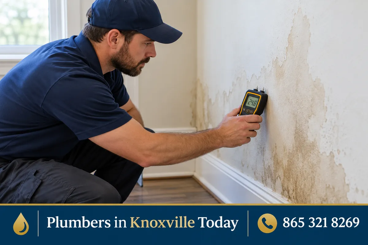 Plumber using a moisture meter on a damp interior wall