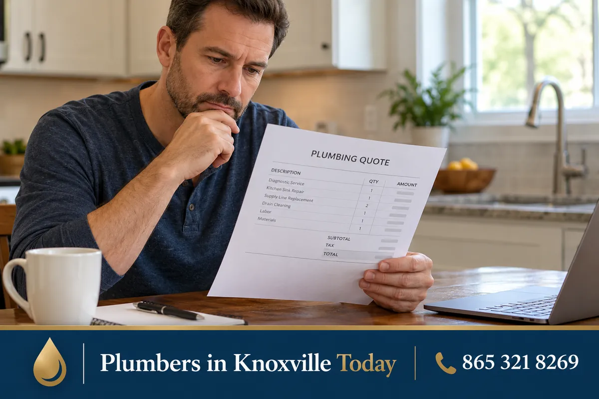 Homeowner reviewing a written plumbing quote at a kitchen table