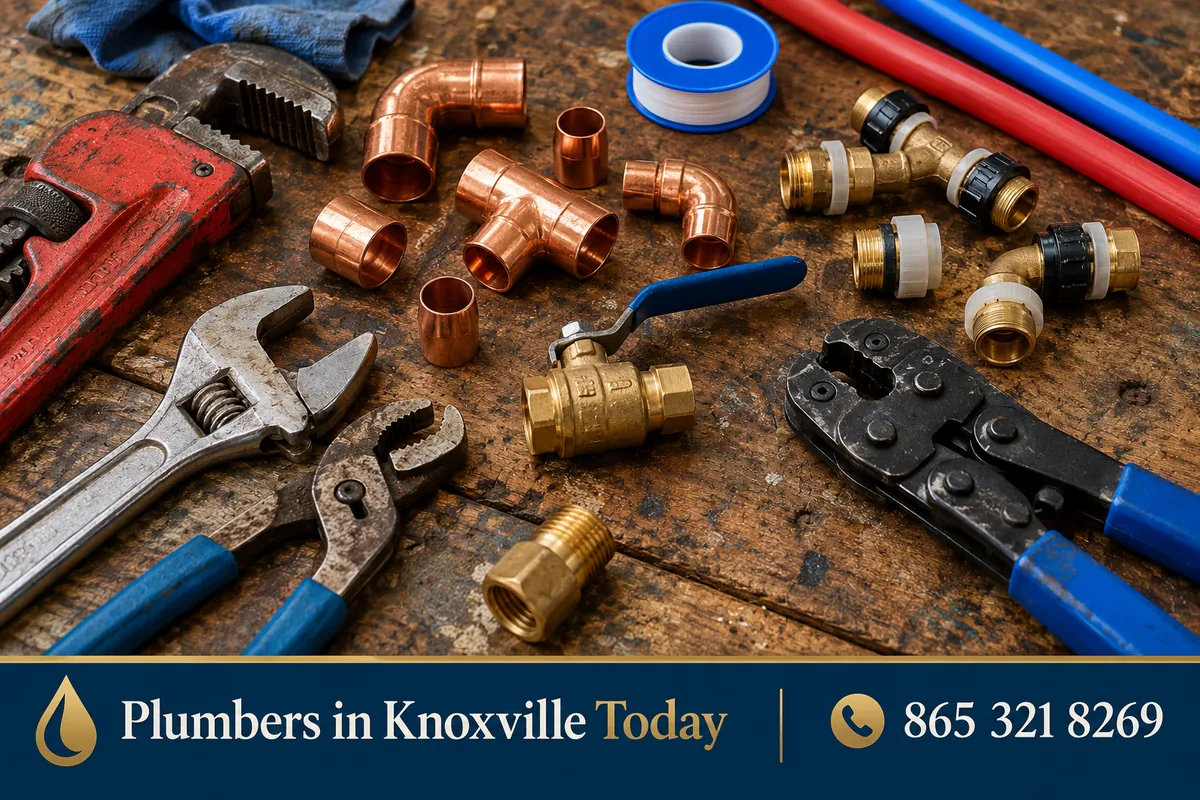 Plumber's tools and copper fittings laid out before a repair