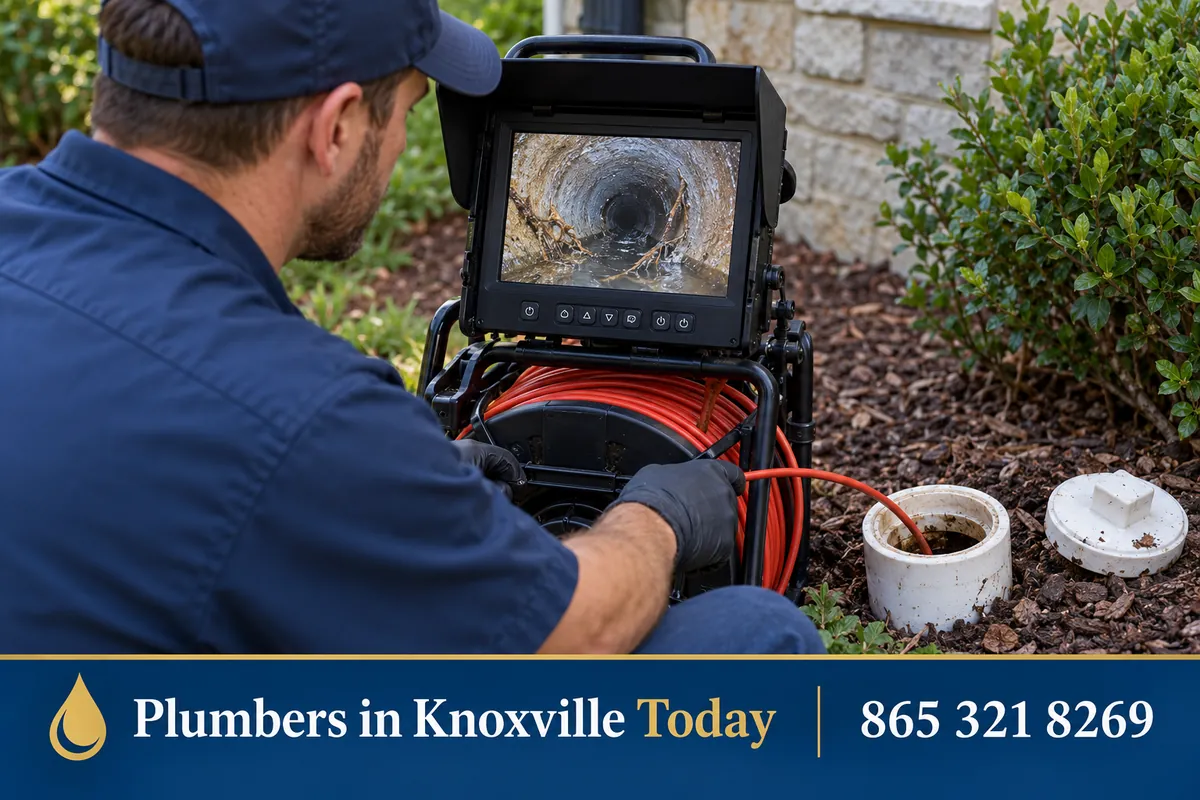Plumber watching a sewer camera monitor beside an open cleanout