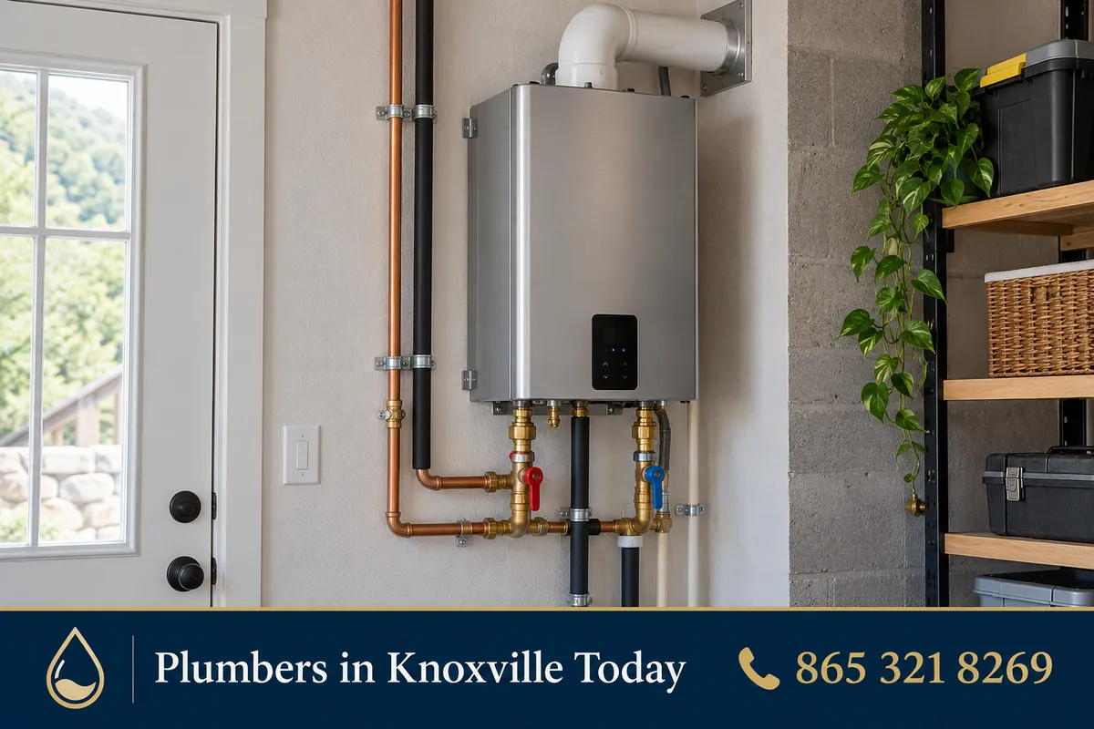 Wall-mounted tankless water heater with service valves in a Knoxville home