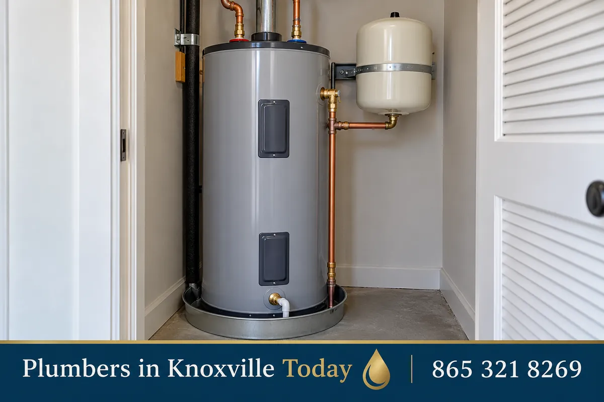New tank water heater installed in a Knoxville utility closet