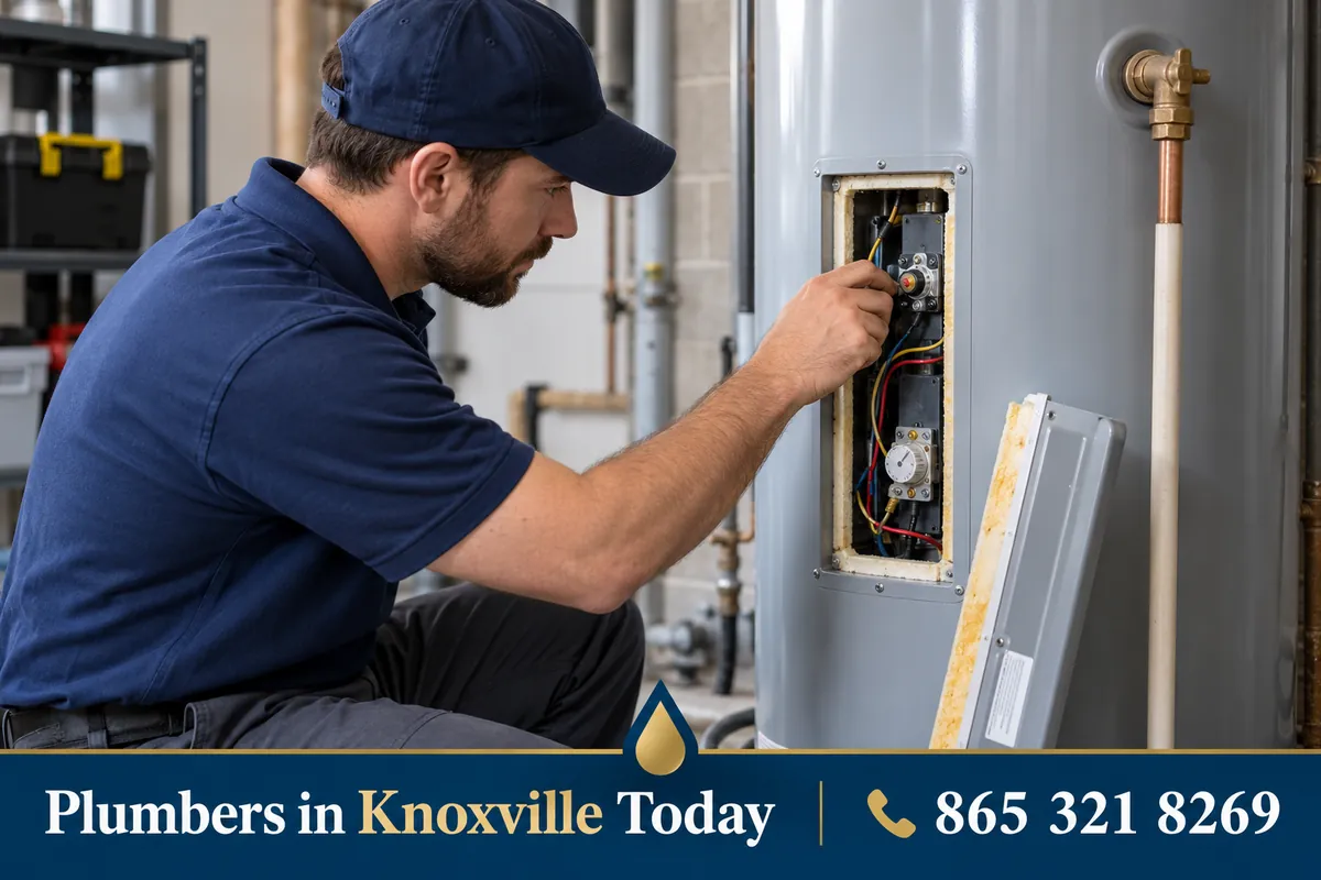 Plumber checking the controls on a tank water heater