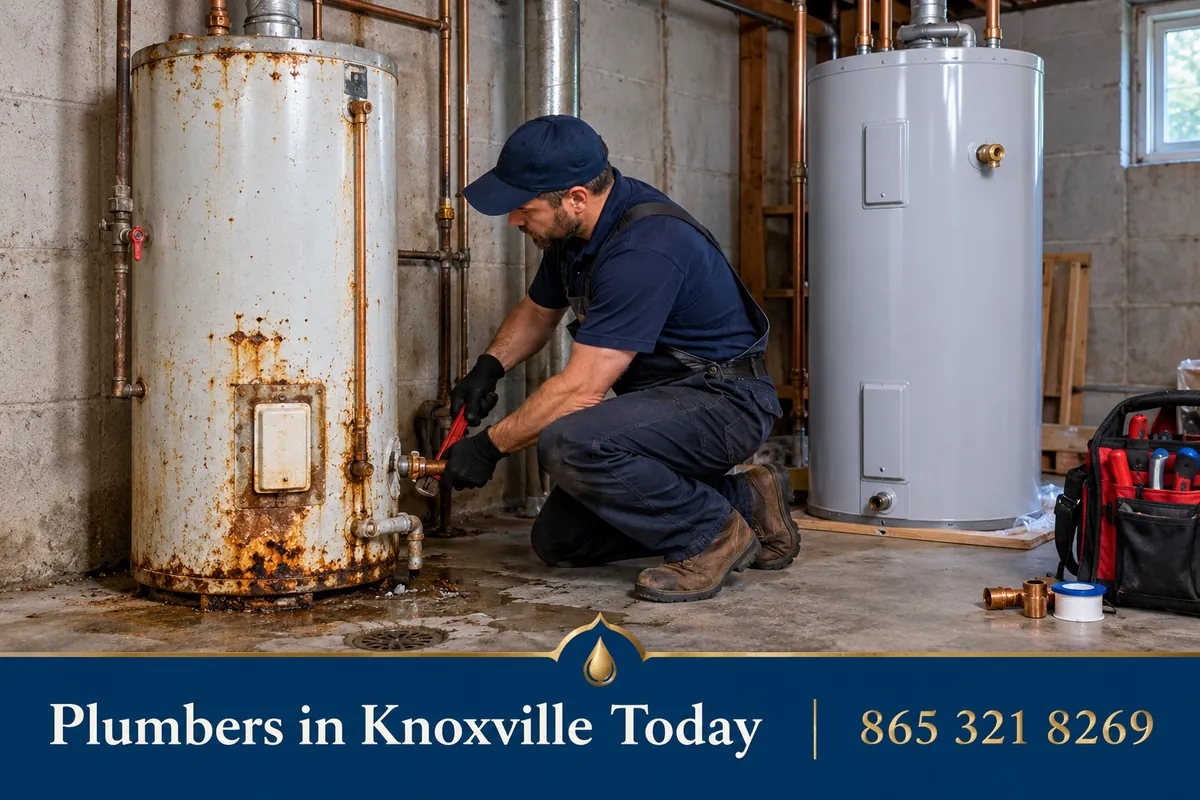 Old rusted tank water heater being disconnected for replacement